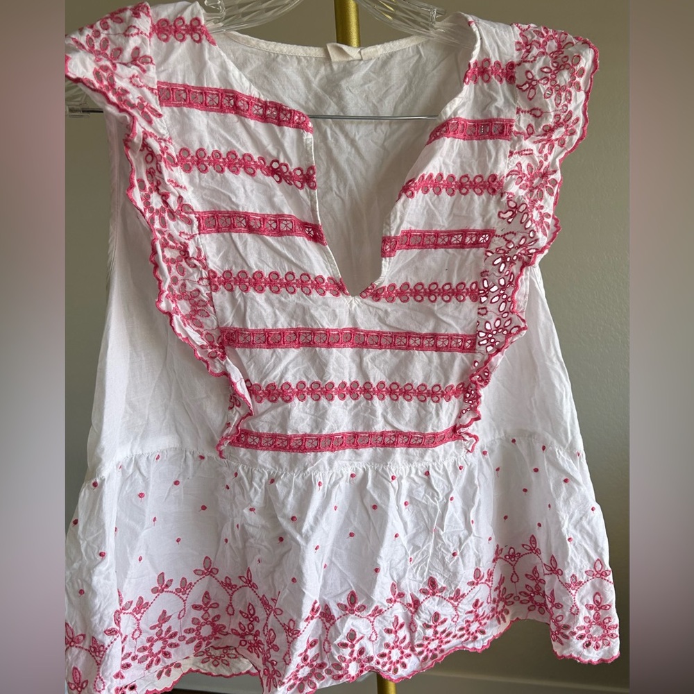 GAP White Cotton Peasant Blouse with Pink Embroidery